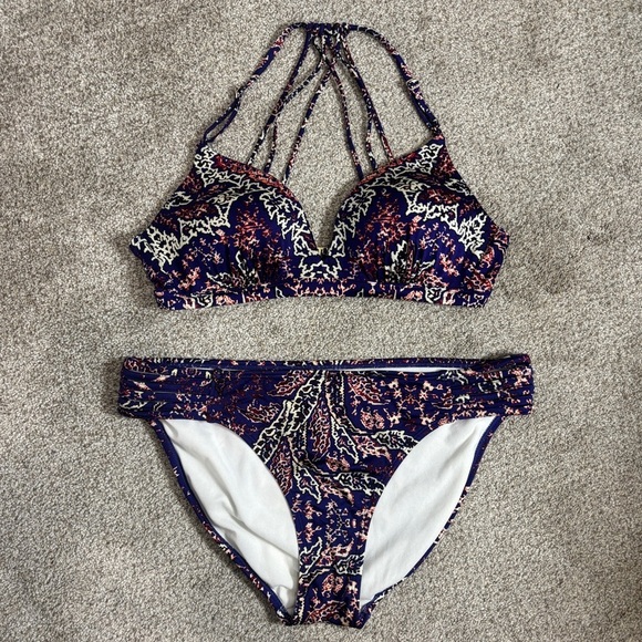 ATHLETA Aqualuxe Bikini Top and Bottoms Bathing Suit M/L
Halter Strappy Blue Red - Picture 1 of 14